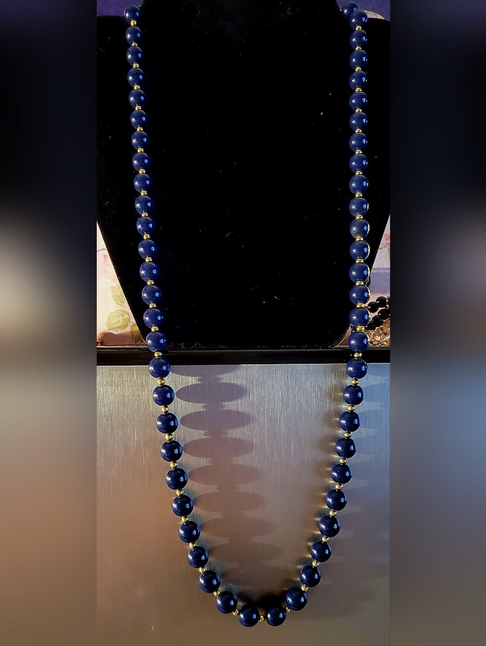 30" Vintage Monet Navy Blue Beaded Opera Length Necklace Gold Tone Spacers - Picture 2 of 5
